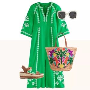 Boden Vibrant Green Dress with White Embroidery